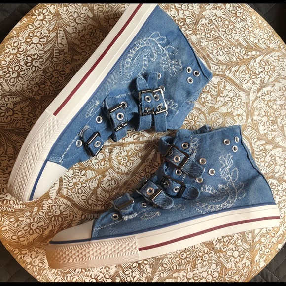 New Paisley Embroidered Denim High Top Sneakers - Picture 7 of 13